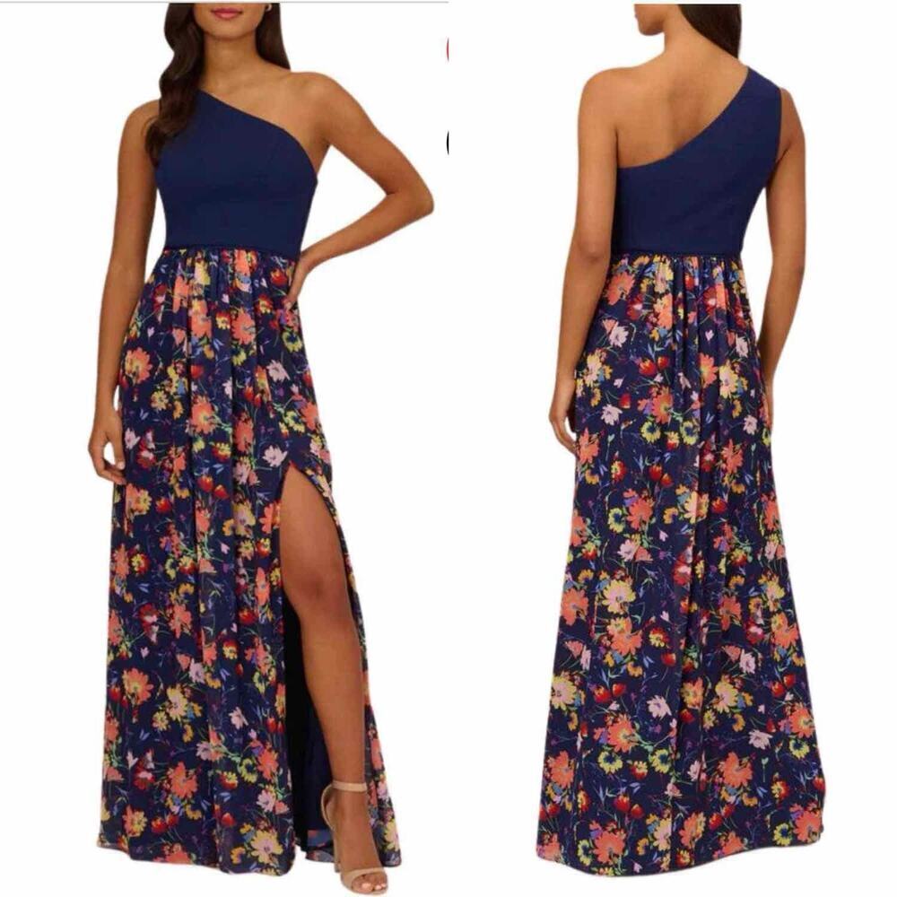 Adrianna Papell One Shoulder Floral A-Line One Shoulder Evening Dress